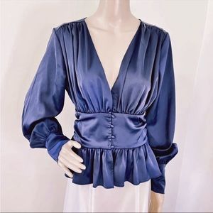 NWOT Jason Wu Navy Blue Long Sleeve Satin Peplum Button Blouse Women's Size S
